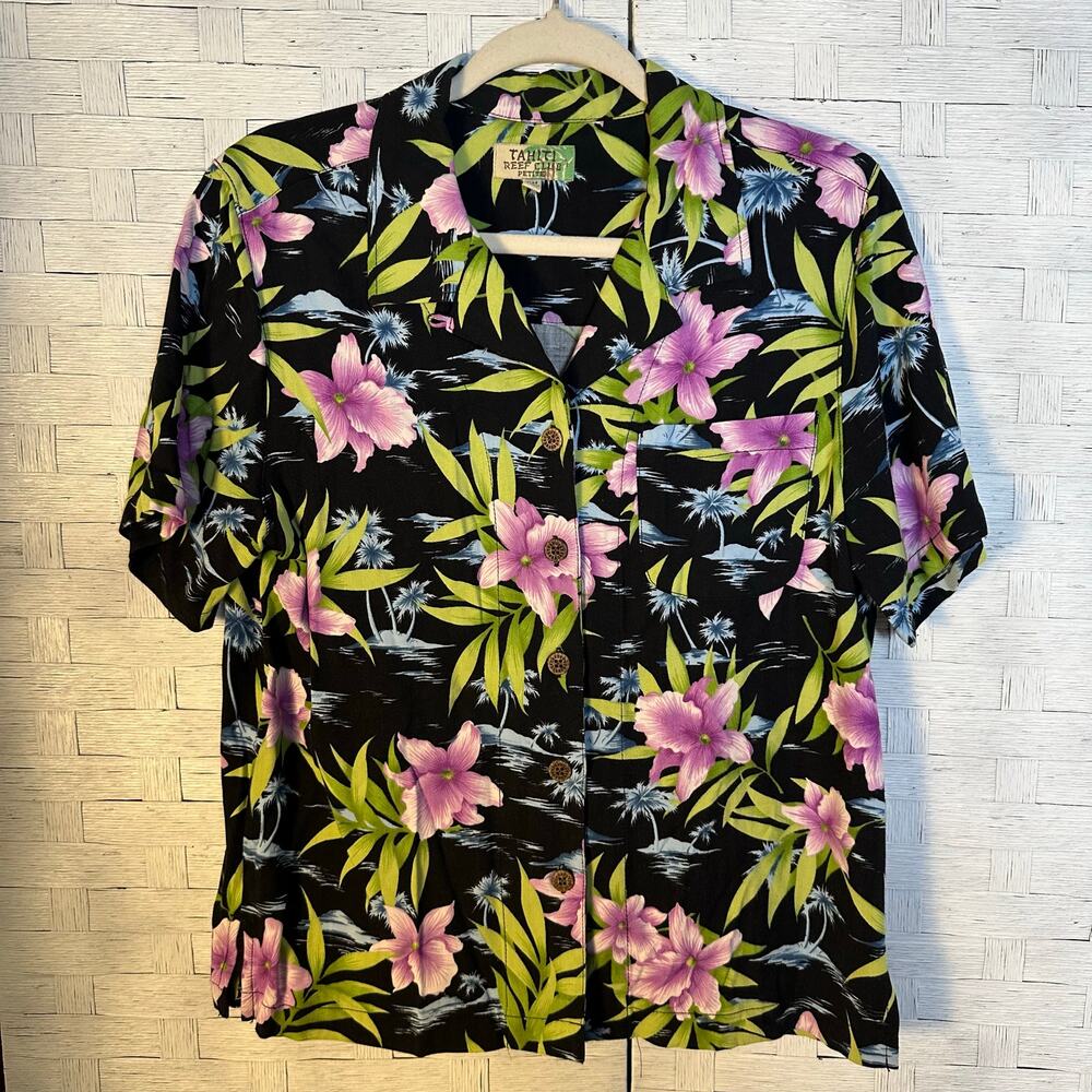 Black Floral Short-Sleeve Button Front Blouse
